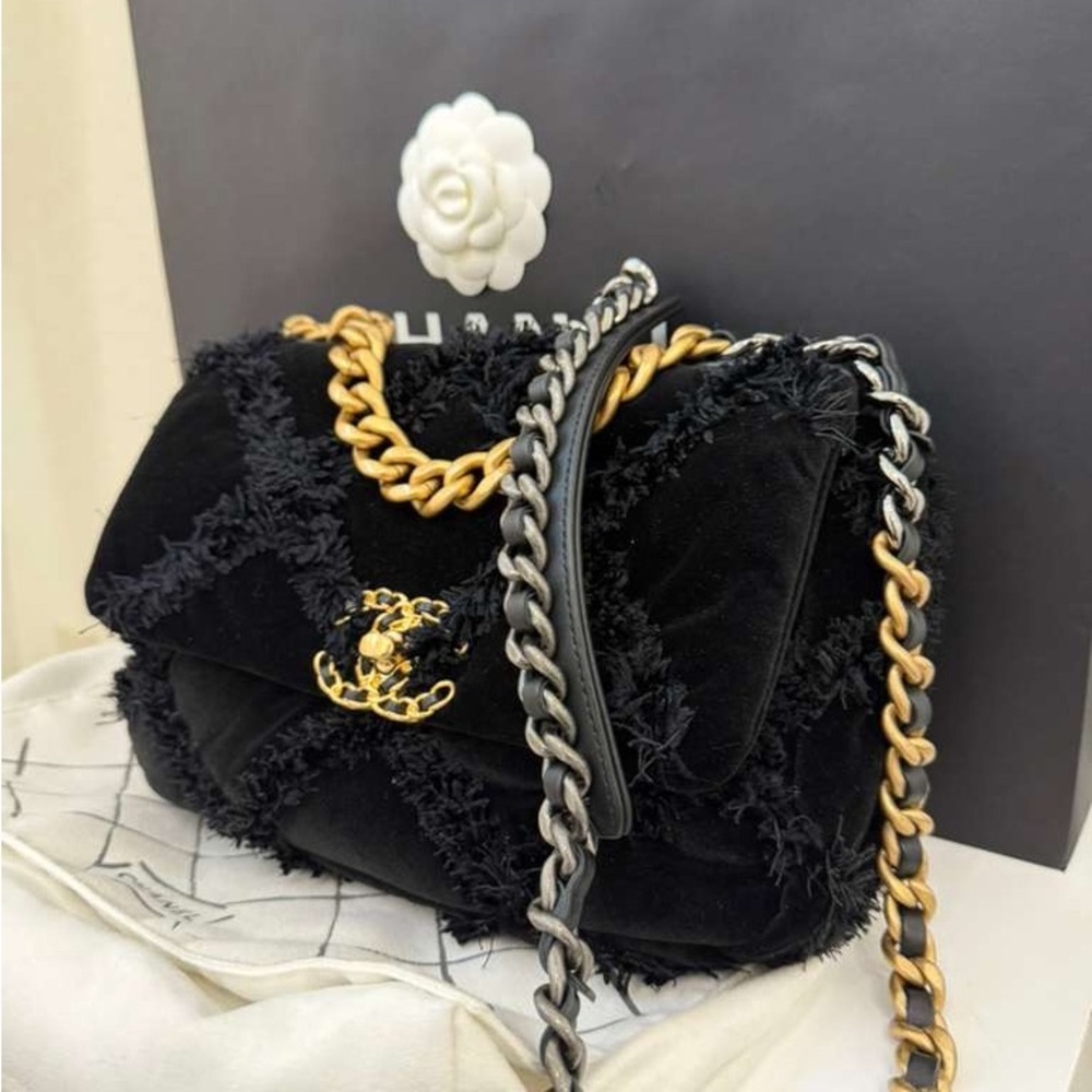 Chanel Black Velvet Bag with Gold and Silver Chain